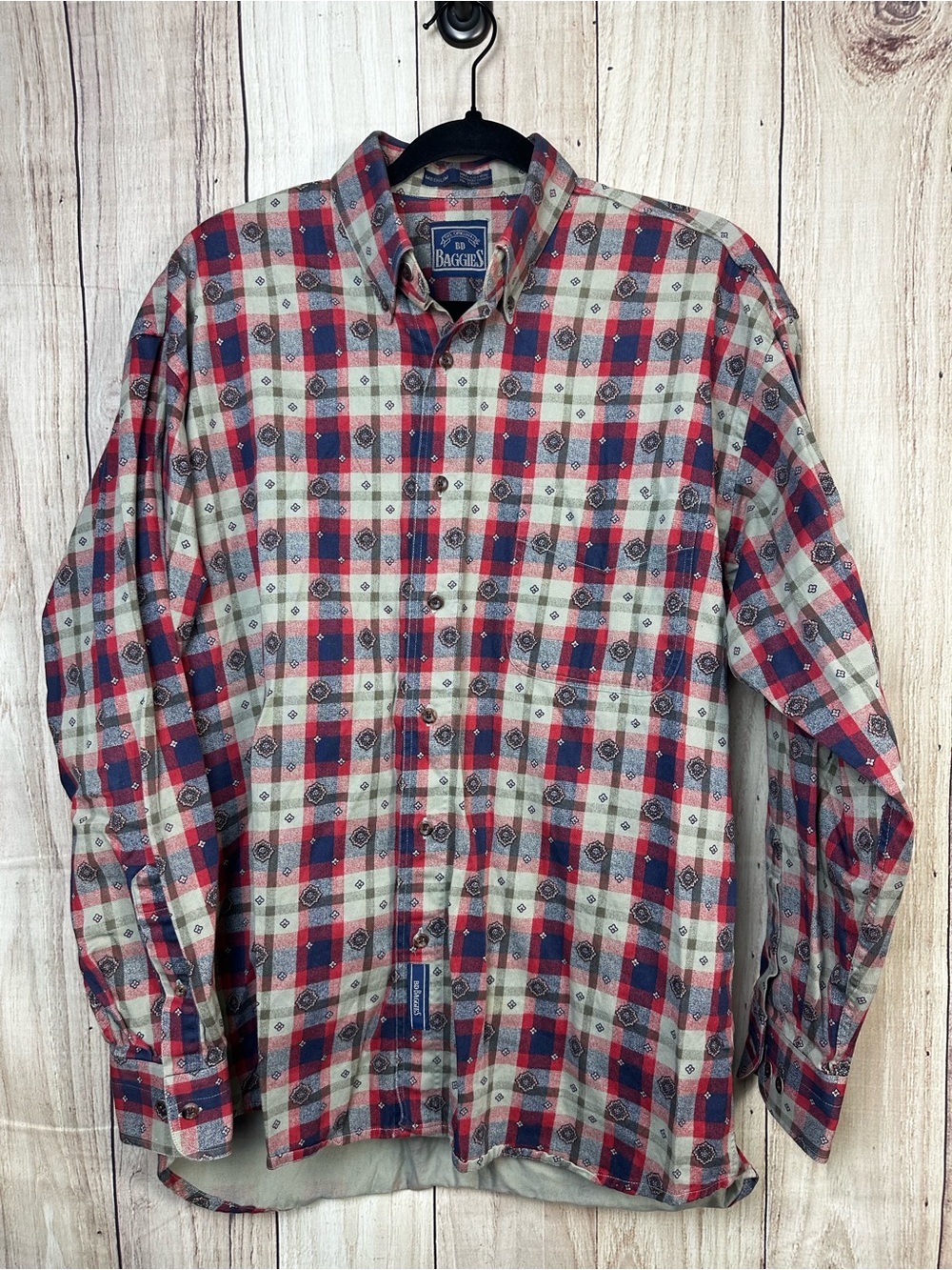 Vintage B.D. Baggies Men's Red Plaid Button-Up Shirt